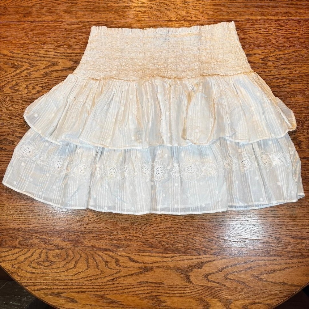 J Crew Tiered Smocked Mini Skirt‎ Large White Floral Boho European
